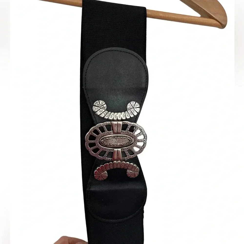 Boho Black elastic Belt with Silver  Buckle